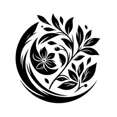 Elegant Black and White Floral Design: A symmetrical, stylized botanical illustration featuring a flower and leaves within a circular frame.