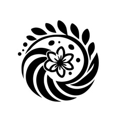 Intricate floral design in a swirling pattern, comprised of black elements against a white backdrop, symbolizing balance and growth.