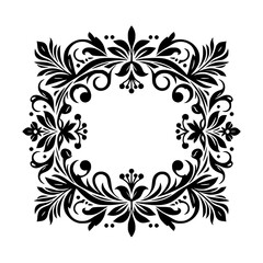 Intricate floral frame, featuring stylized leaves, swirls, and berries, a symmetrical black and white design evoking elegance and classic style.