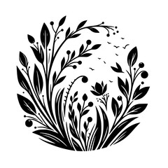 A stylized black and white illustration depicting an elegant, circular arrangement of stylized flora, including leaves, berries, and a central flower, with small birds in flight.