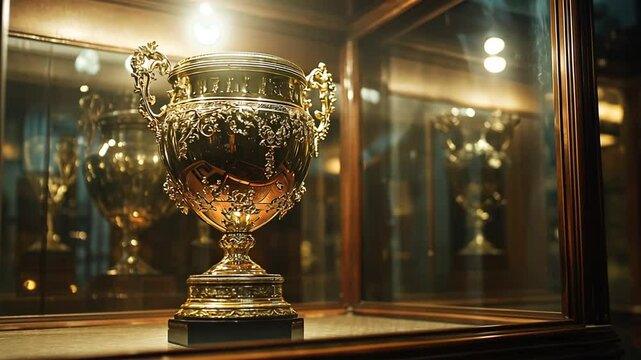 Gleaming trophy in a display case: a symbol of achievements and awards