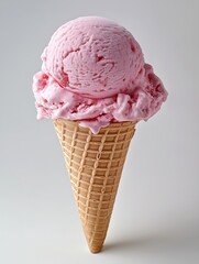 Photo of a pink ice cream cone on a white background, side view