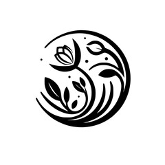 A stylized, elegant floral emblem featuring a half-circle frame with intricate black silhouettes of blossoms, buds, and leaves against a crisp white background.