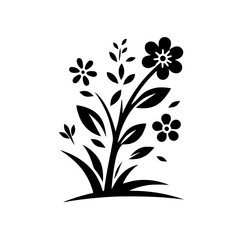 Stylized Black and White Floral Arrangement: A minimalist vector illustration of blooming flowers, leaves, and grass, set against a plain white background, offering clean lines.