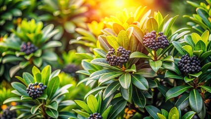 Obraz premium Dark Berries Glisten on Lush Green Foliage Under the Warm Glow of the Setting Sun