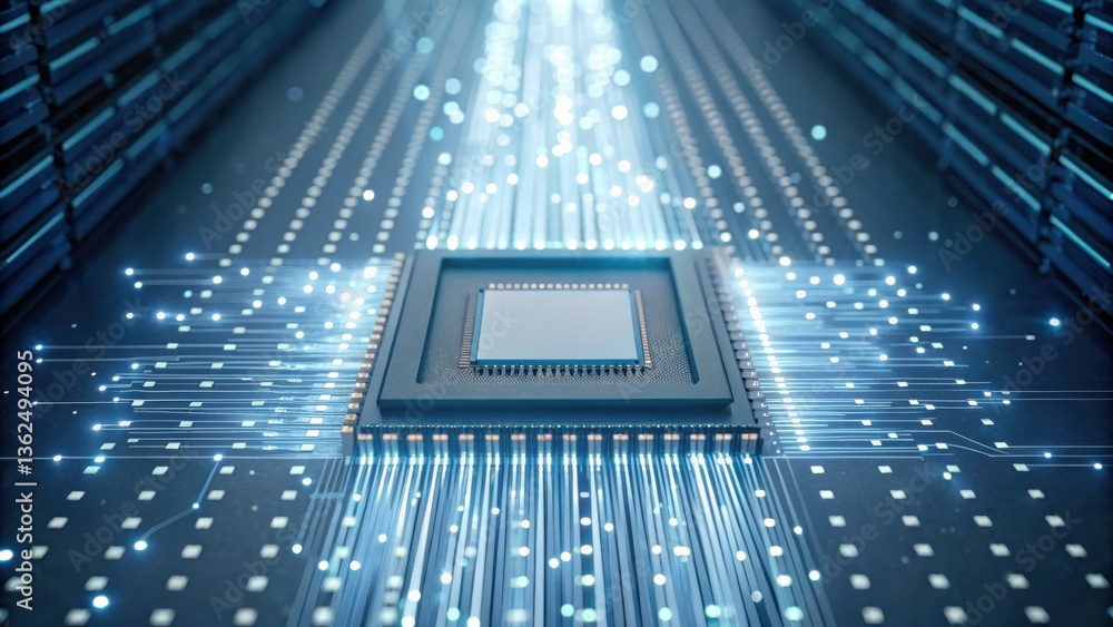 Aufkleber futuristic microchip with glowing data connections.