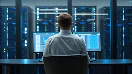 Tech worker analyzing data in a server room.
