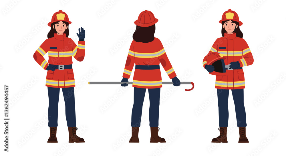 Poster firefighter character showcasing different poses in flat vector art style