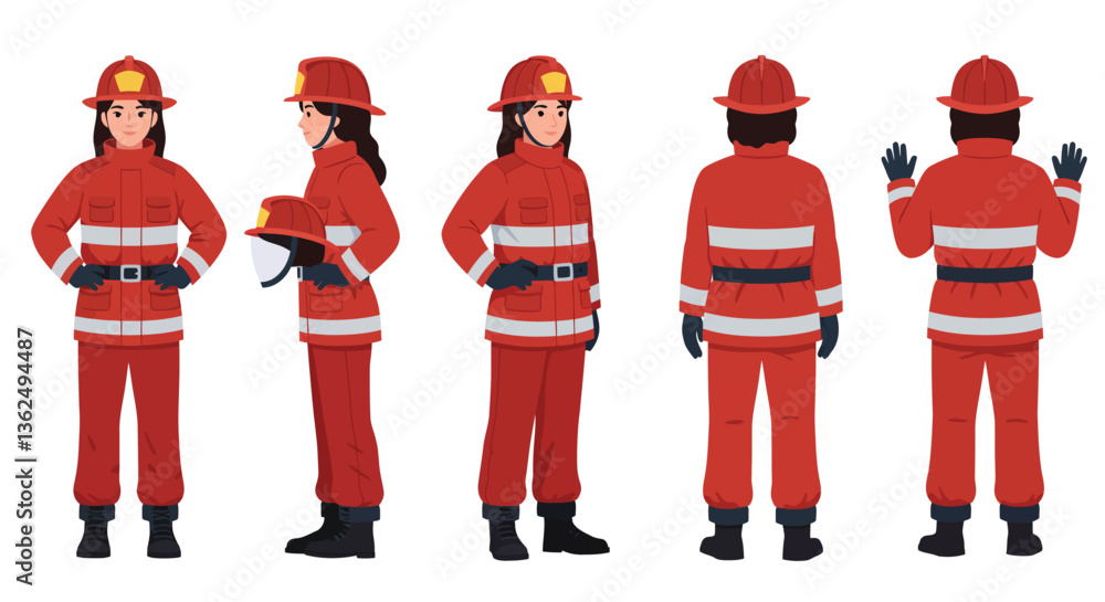Poster firefighter character design in flat style showcasing multiple poses vector illustration