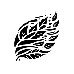Abstract black and white leaf design composed of various stylized leaf shapes and organic elements.