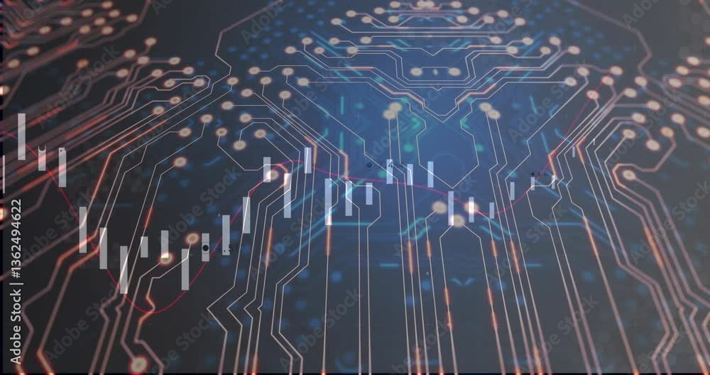 Poster overlaying financial data charts, circuit board pattern showing digital connections