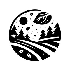 A circular, minimalist black and white illustration depicts a serene forest landscape with stylized pine trees, rolling hills, falling leaves, and a celestial body, embodying nature's tranquility.