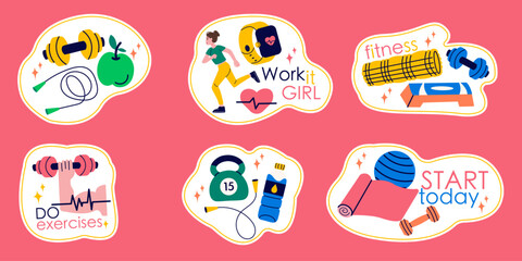 Stickers fitness inventory, gym accessories, sport equipment of badge, label design with lettering