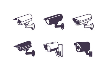 Minimal Security CC Camera Set Silhouette Vector Illustration featuring modern surveillance camera icons in clean, simple black shapes perfect for security systems, apps, signage, or infographics.