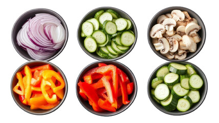 Sliced vegetables in bowls: onions, cucumbers, mushrooms, peppers variety