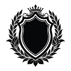 Vintage black shield silhouette with ornate floral wings and laurel leaf border