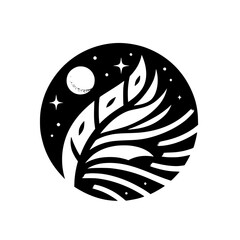 A stylized, monochrome illustration of a night scene within a circle. A plant-like form reaches for the moon and stars in a minimalist design.