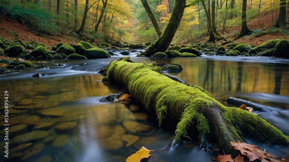 Aufkleber tranquil forest scene with a moss-covered log in a serene stream surrounded by autumn foliage.