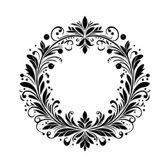 An ornate, symmetrical black and white floral wreath design, featuring detailed leaves, flourishes, and dots, creating a circular frame on a white background, evocative of elegance.