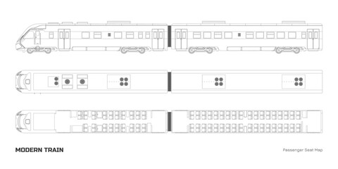 Outline drawing of modern train passenger seat map. Locomotive model top and side view. Rail transport interior scheme. Isolated line express