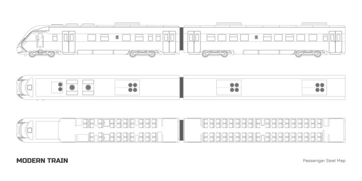 Outline drawing of modern train passenger seat map. Locomotive model top and side view. Rail transport interior scheme. Isolated line express