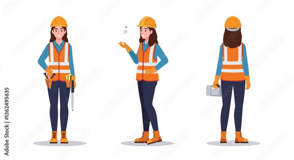 Poster construction worker character transformation in flat vector art style showcasing three distinct pose