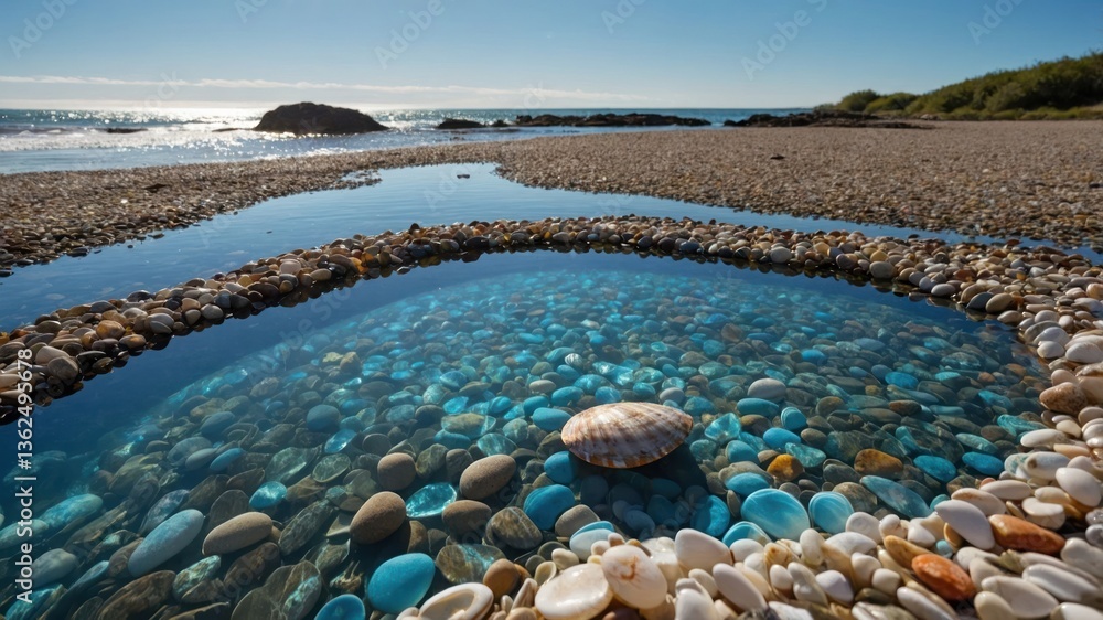 Poster a serene beach scene featuring a clear pool of water surrounded by colorful pebbles and a shell.