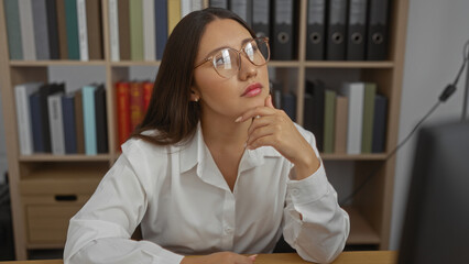 Young woman thinking at her office desk, wearing glasses and a white shirt with bookshelves behind...