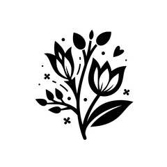 Elegant Black and White Floral Silhouette: Depicting a stylized botanical arrangement featuring delicate leaves, blooming flowers, small hearts, and ornamental dots, on a white backdrop.