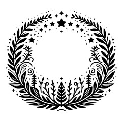 Intricate black and white wreath illustration adorned with leaves, stars, and botanical elements, perfect for seasonal designs or invitations, evoking a serene, natural ambiance.