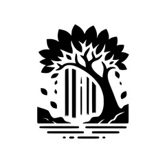 A minimalist black and white illustration depicts a stylized tree silhouetted against a vertical striped backdrop with falling leaves, evoking a sense of nature and serenity.