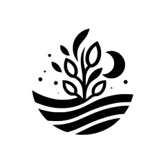 Stylized monochrome illustration of a growing plant emerging from stylized ground, accompanied by a crescent moon and scattered dots, on white background.
