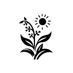 A stylized black and white illustration of a blooming plant with a sun symbol, symbolizing growth and nature on a pristine white background.