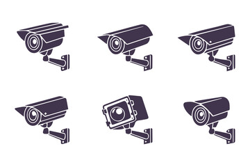 Minimal Security CC Camera Set Silhouette Vector Illustration featuring modern surveillance camera icons in clean, simple black shapes perfect for security systems, apps, signage, or infographics.