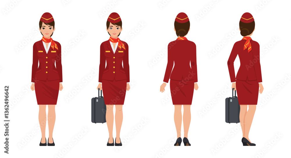 Poster flight attendant character design in detailed flat style showcasing multiple poses vector illustrati