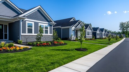 Modern Suburban Houses with Well-Maintained Lawns, A row of modern suburban houses with well-maintained lawns and a clean sidewalk