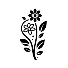 Simple black and white illustration of two stylized flowers, leaves, and a stem, on a white background, creating a minimalist botanical composition.