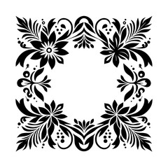 A symmetrical black floral design, resembling a wreath or frame, with stylized leaves, flowers, and ornamental elements against a stark white background.