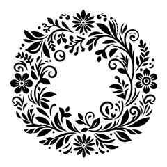 Intricate Black Floral Wreath Design with Diverse Blossoms, Leaves, and Swirls on a White Background