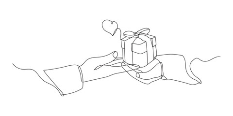 Continuous line drawing romantic young couple giving gifts to celebrate Valentine's Day. Black and white vector illustration