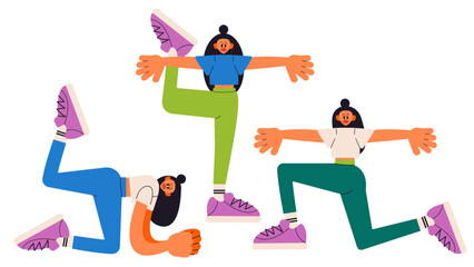 People practice sports exercises. Training at home concept. Pilates, stretching, yoga workouts. Modern vector illustrations.