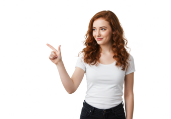 Young woman pointing finger to the side isolated on White background PNG transparent background