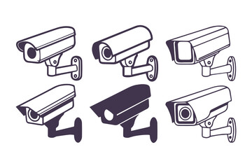 Minimal Security CC Camera Set Silhouette Vector Illustration featuring modern surveillance camera icons in clean, simple black shapes perfect for security systems, apps, signage, or infographics.