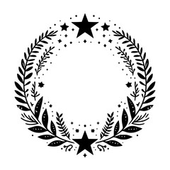 Fototapeta premium Elegant monochrome circular wreath with floral elements, stars, and dots, creating a festive and decorative design on white.