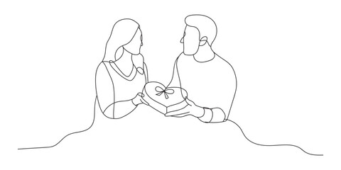 Continuous line drawing romantic young couple giving gifts to celebrate Valentine's Day. Black and white vector illustration