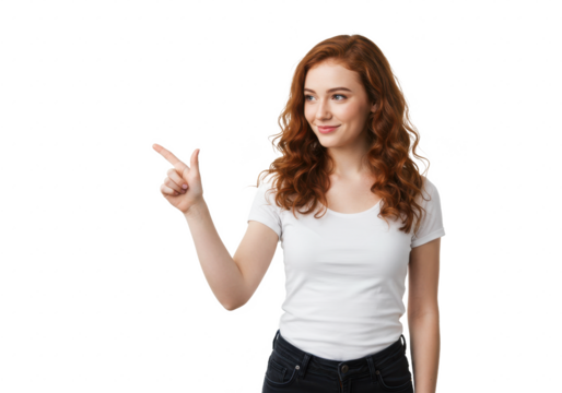 Young woman pointing finger to the side isolated on White background PNG transparent background