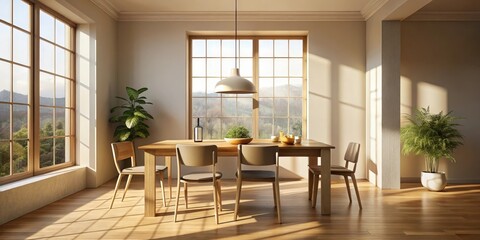 Fototapeta premium A Modern Dining Room with a Light Wood Table and Chairs, Set Against a Window with a View of a Green Landscape and Sunlight Streaming In