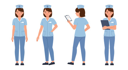 Fototapeta premium Nurse character in different poses with flat design style vector illustration