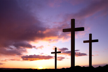 Good Friday. Friday before Easter. Christian crosses against the sunset