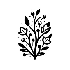 A symmetrical, stylized black and white botanical illustration featuring a delicate, organic floral arrangement with leaves, buds, and berries on a pure white background.